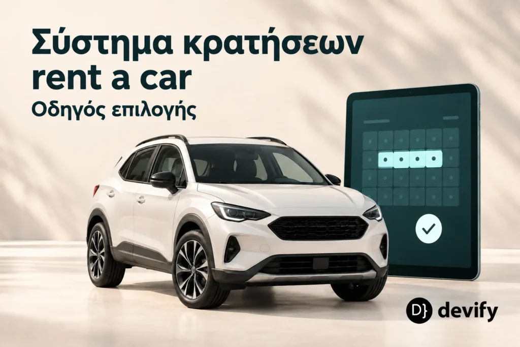 Αυτοκίνητο και ψηφιακό ημερολόγιο κρατήσεων, με τίτλο Σύστημα κρατήσεων rent a car και λογότυπο Devify