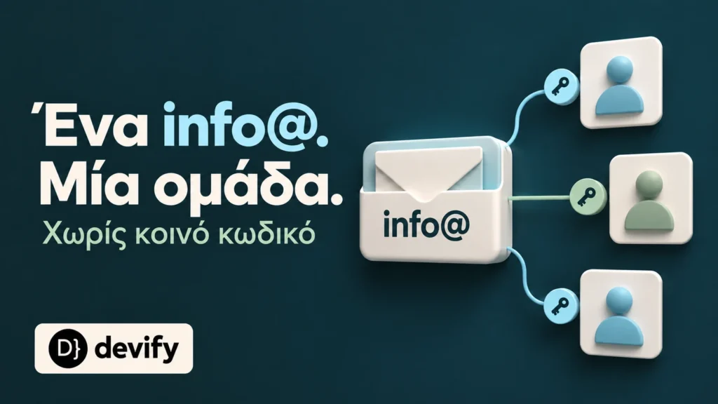 Ένα info@, μία ομάδα, χωρίς κοινό κωδικό: κοινόχρηστο εταιρικό email με ξεχωριστή πρόσβαση για κάθε συνεργάτη και το επίσημο λογότυπο Devify.